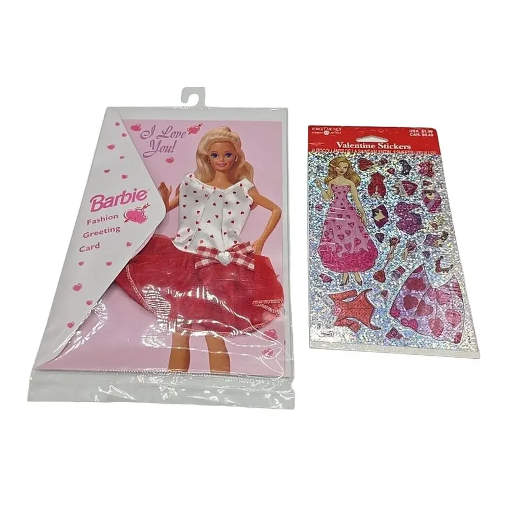 New Lot of 2 Vintage Barbie Fashion Greeting Card & 2 Sheets Valentine Stickers‎